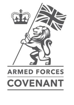 Armed Forces Covenant Logo - rampant lion holding a union flag with the queen's crown to the top left.  we're proud to be supporting our Armed Forces and Veterans. 